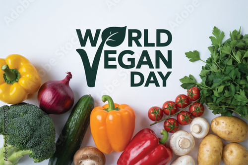World vegan day celebration with fresh vegetables and text