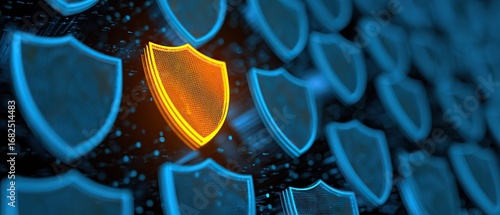 3D illustration of glowing blue shield icons with one distinctive orange shield, symbolizing cybersecurity, internet safety, data protection, anti-hacking, and online privacy technology background