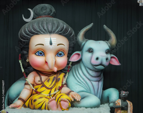 Photography Ganpati idol in Shiva form, Creative Ganesha as Lord Shiva, Artistic Ganesh with Nandi, Unique depiction of Ganpati as Shiva Stock Photo