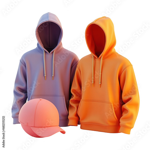 Two vibrant hoodies and a baseball cap, presented against a dark background, showcase a modern casual fashion style.