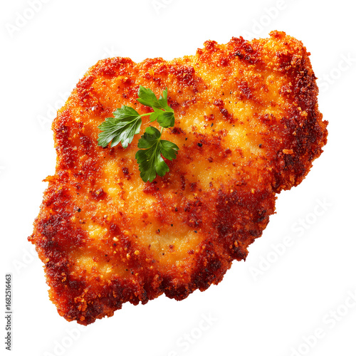 Milanesa breaded beef chicken schnitzel or cutlet with parsley garnish, isolated on white transparent background, concept of South American Cuisine