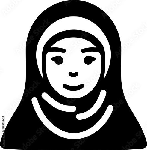 Minimalist black and white vector icon of a Muslim woman in modern cyberpunk style. Perfect for logos, stickers, and digital use.