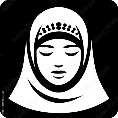 Minimalist black and white vector icon of a Muslim woman in modern cyberpunk style. Perfect for logos, stickers, and digital use.