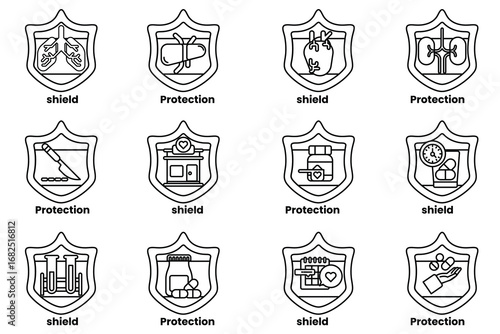 A set of 12 shields with the word protection written on them