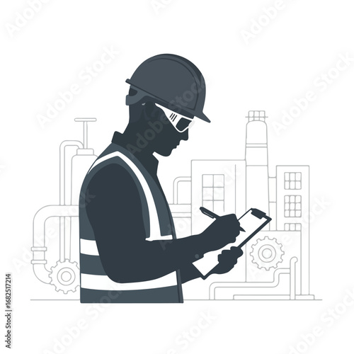 Industrial engineer silhouette wearing safety gear and writing on a clipboard