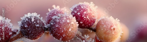 Frozen Berries Red berries covered in frost on a branch, with soft, pink background