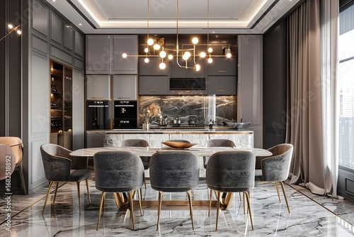 Elegant Dining Room and Kitchen Interior with Luxurious Marble Accents and Striking Lighting Design