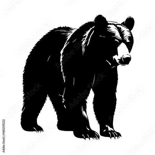 A bold silhouette of a graphically stylish black bear — a striking design suitable for wildlife campaigns, adventure branding, travel posters, or social media campaigns.