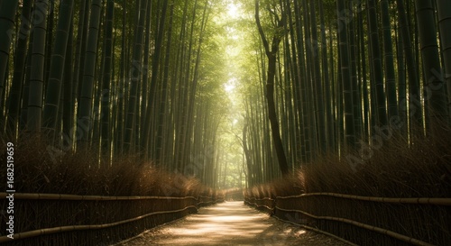 Sunlit pathway through a dense bamboo forest with low fences