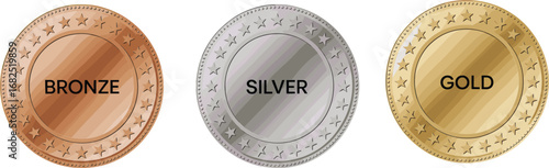 Bronze, silver, and gold medals, award coins, winner trophies, achievement symbols, star decorations, shiny metallic medals, prize recognition, victory celebration, competition awards, success symbols