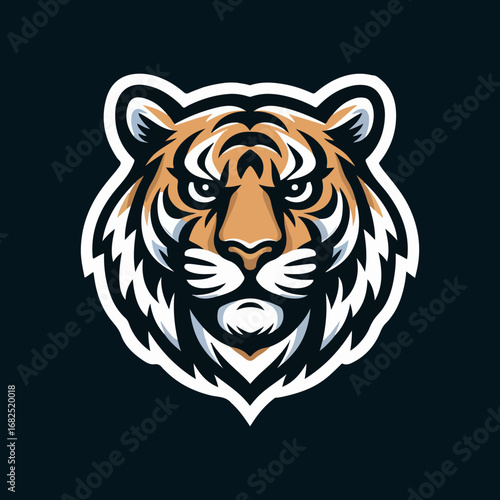 Tiger head illustration on black background, fierce predator.