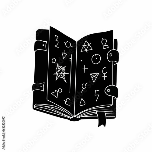 Open black spellbook with mystical symbols and ancient writings  