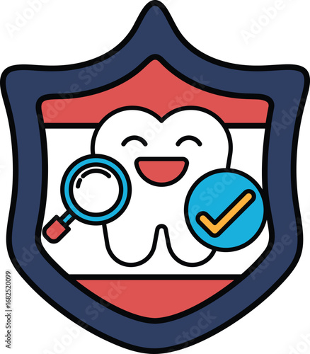 A smiling tooth with a magnifying glass on it
