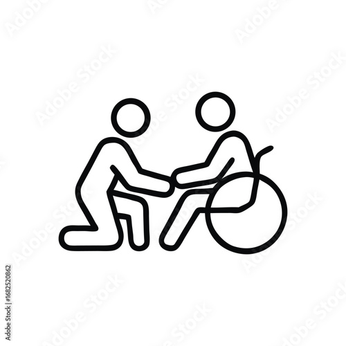 Icon illustration of a caregiver assisting a person in a wheelchair promoting inclusivity and support services for disabilities