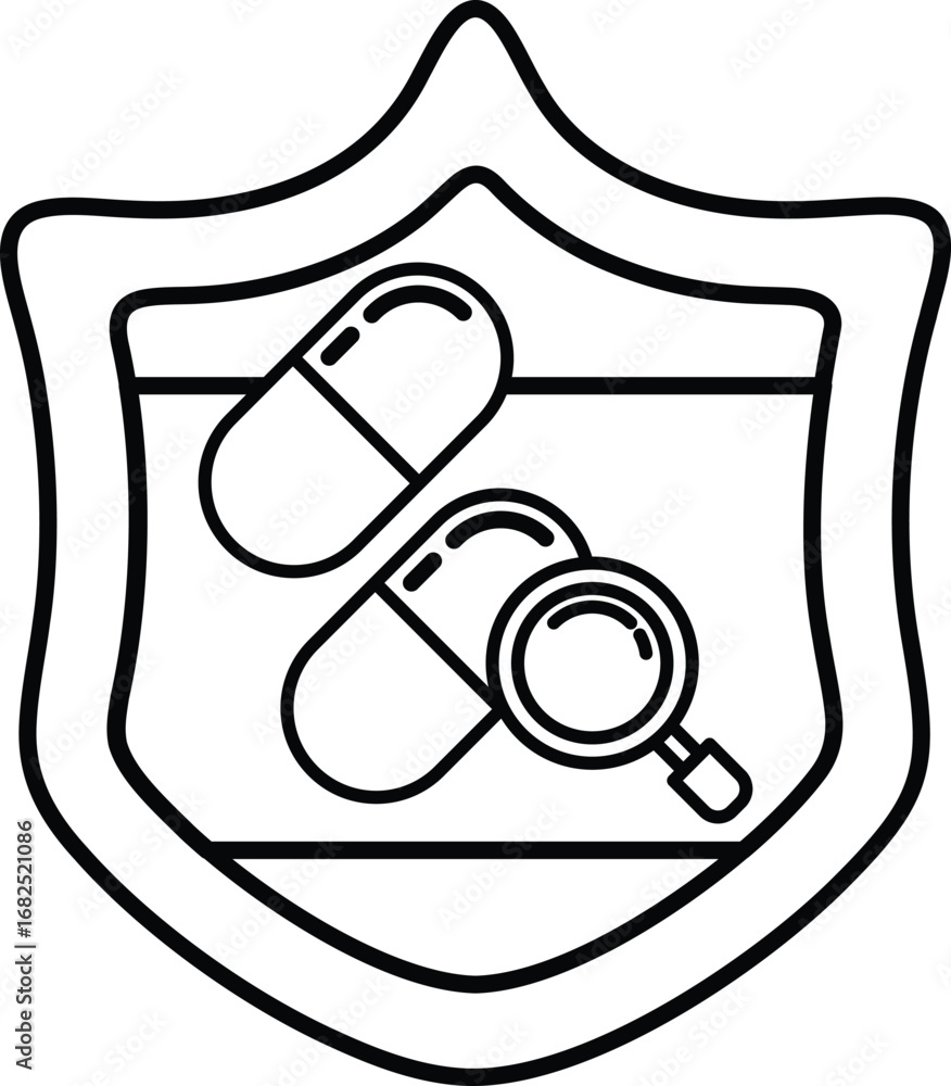 Fototapeta premium A black and white image of a pill bottle with a magnifying glass on top