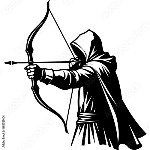 Sketchy emblem of treacherous archer assassin aiming a poisoned arrow from a bow. Engraving minimalistic vector in black ink drawing on transparent background