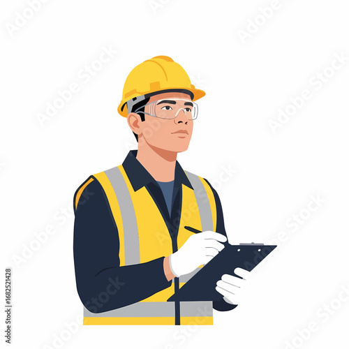 A male construction worker wearing a hard hat, safety glasses, and a reflective vest, holding a clipboard and pen while observing.