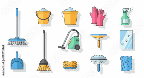 A vibrant assortment of flat-style icons depicting common cleaning supplies and tools for home maintenance.
