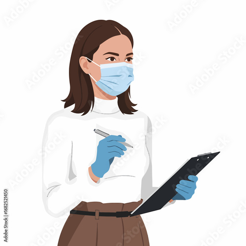 A woman wearing a mask and gloves, holding a clipboard and pen, ready to write.