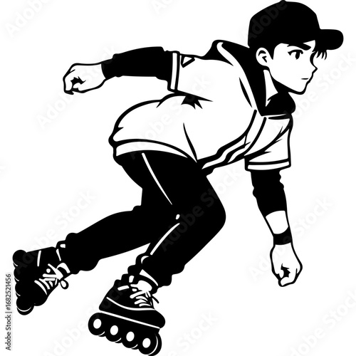 Sketchy sport emblem of beginner extreme sportsman rushes on roller skates. Engraving minimalistic vector in black ink drawing on transparent background