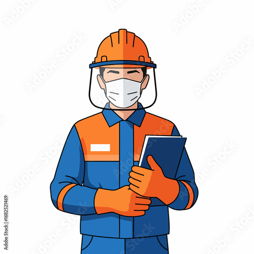 A construction worker wearing protective gear, holding a tablet, and facing the viewer.