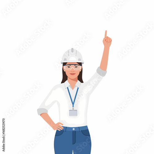 A female construction worker wearing a hard hat and safety glasses points upwards with her right hand, standing against a white background.