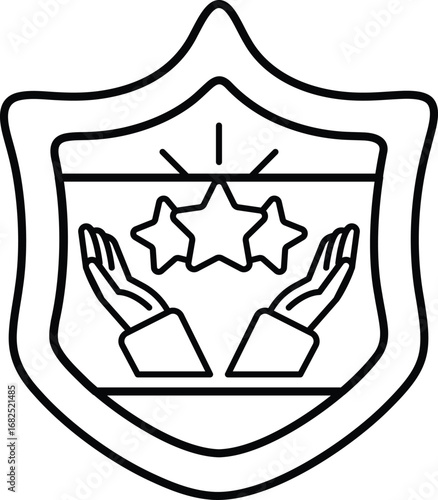 A shield with three stars and two hands holding them