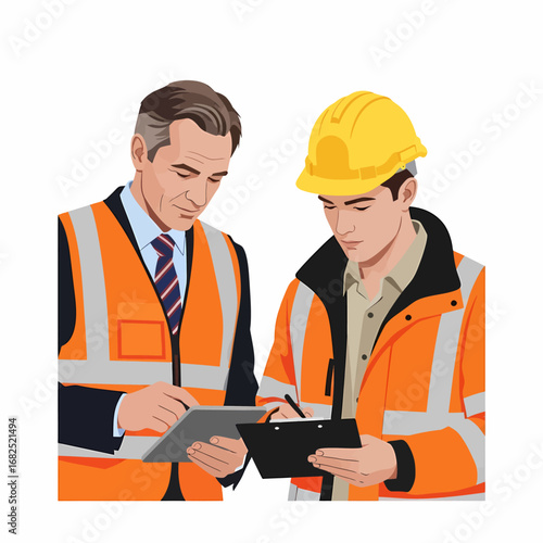 Two men in safety vests, one wearing a hard hat, reviewing documents and a tablet, likely related to construction or engineering.
