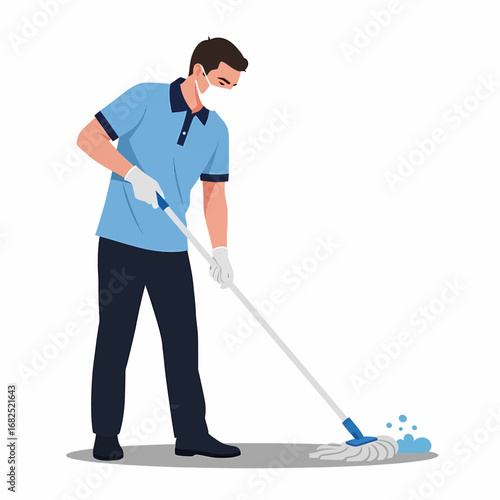A male janitor wearing a uniform, protective face mask, and gloves is mopping a wet floor.