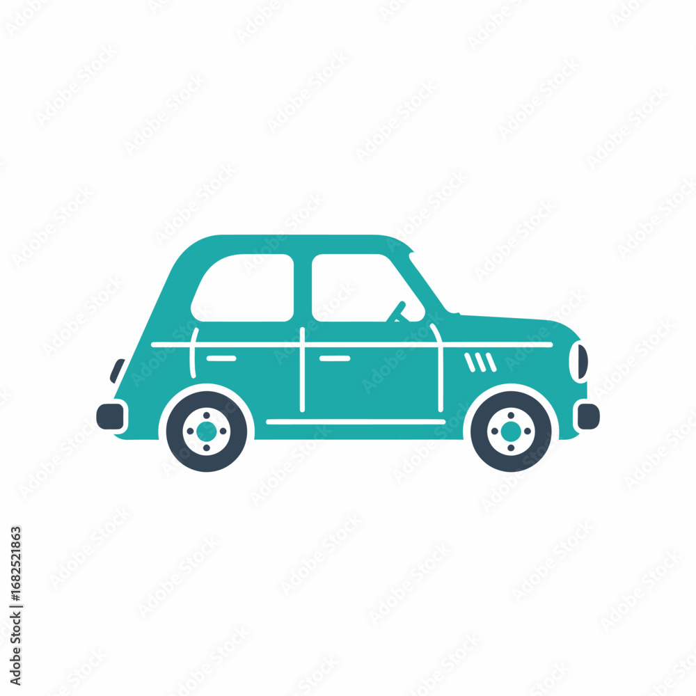 Fototapeta premium A simple graphic illustration of a retro-style compact car in teal and dark grey, seen from a side profile.