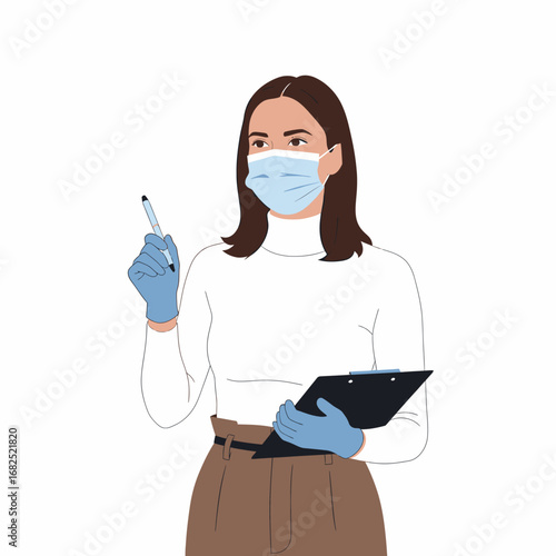 A woman wearing a medical mask and gloves holds a pen and clipboard, appearing ready to record information or conduct an assessment.