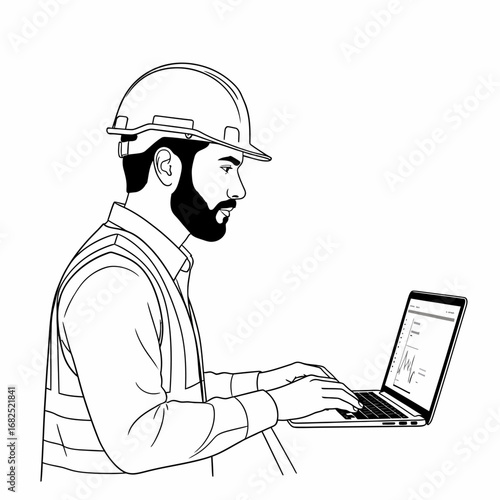 A focused construction worker in a hard hat and safety vest diligently typing on a laptop computer, likely analyzing data or project plans.
