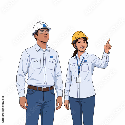 Two construction workers, a man and a woman, wearing hard hats and work shirts, looking upwards and pointing to something in the distance.