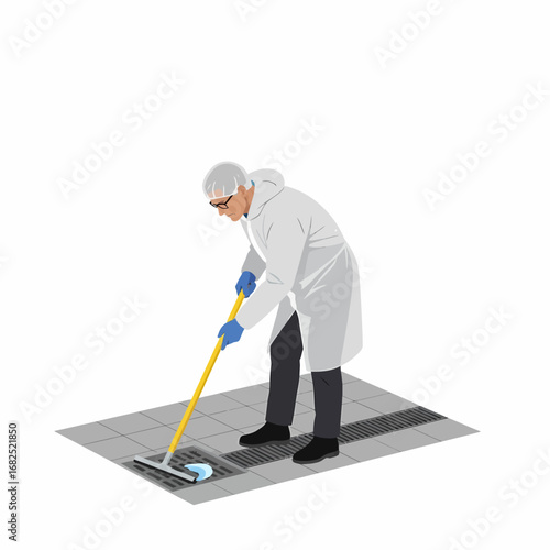 A person in a protective lab coat and hairnet uses a squeegee to push water towards a floor drain on a tiled surface.