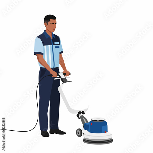 A male janitor in uniform operates a floor polishing machine, diligently cleaning a surface.
