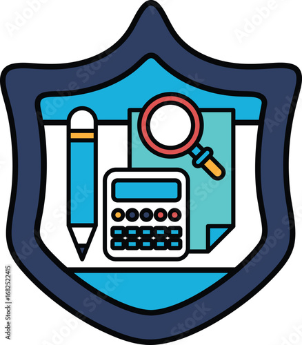 A blue shield with a pencil, calculator, and magnifying glass on it