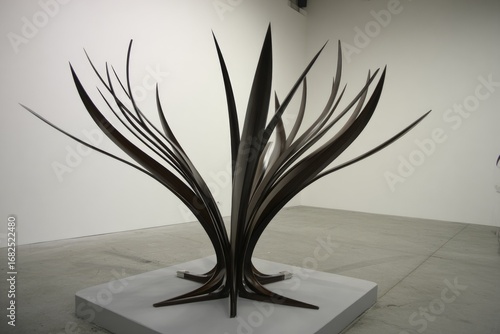 Abstract dark metal sculpture resembling a stylized tree or plant