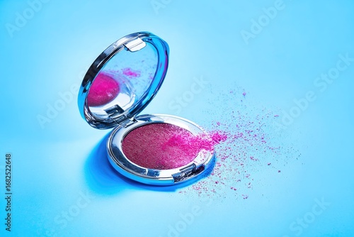 Crushed magenta makeup spills from compact