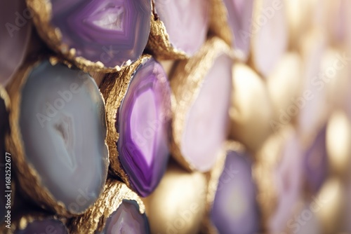 Close-up of many polished agate slices, gold-edged, varying in purple and grey hues