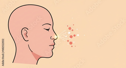 Profile illustration of a person expelling airborne particles from the nose, symbolizing a sneeze, allergy, or the spread of respiratory germs and airborne diseases