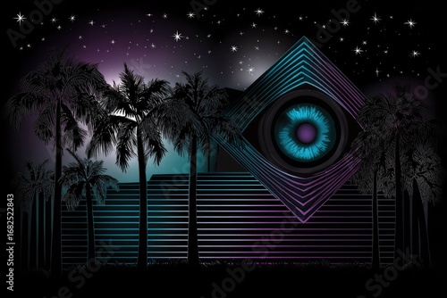 Pyramid eye, palm trees, starry night