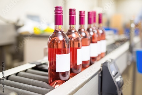 Ros? wine bottles on conveyor belt in production facility