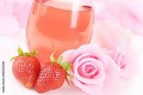 Pink beverage in glass with strawberries and roses
