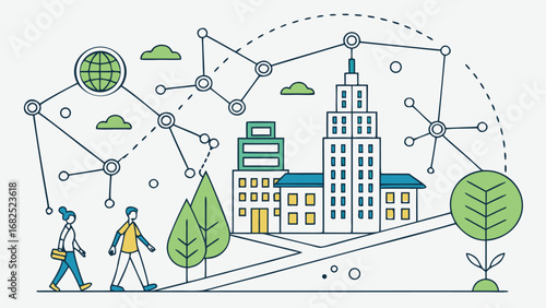 World Urbanism Day Vector Illustration, Geometric Cityscape with Green Spaces, Sustainable Urban Design