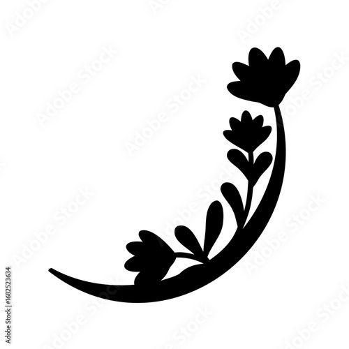 Elegant floral silhouette with curved stem and blossoming flowers arrangement illustration