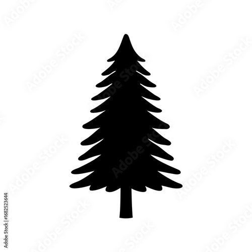 Black silhouette of a tall evergreen tree, isolated on white background