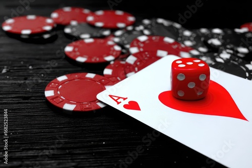 Ace of hearts card, red die, and poker chips on dark wood