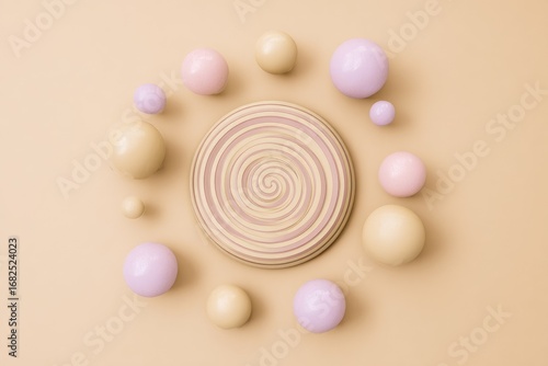 Pastel spheres encircle a swirling disc on a beige background