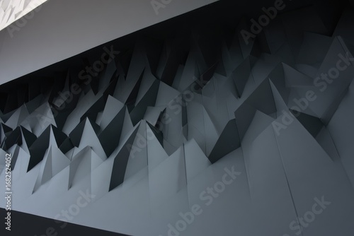 Abstract grayscale image of folded paper creating a textured mountain range