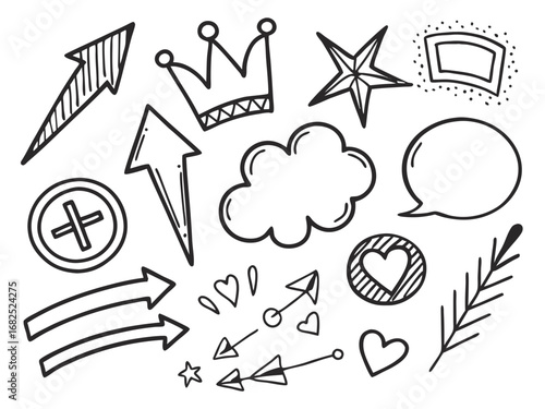 Doodle Set With Arrows And Hearts hand drawn sketch
